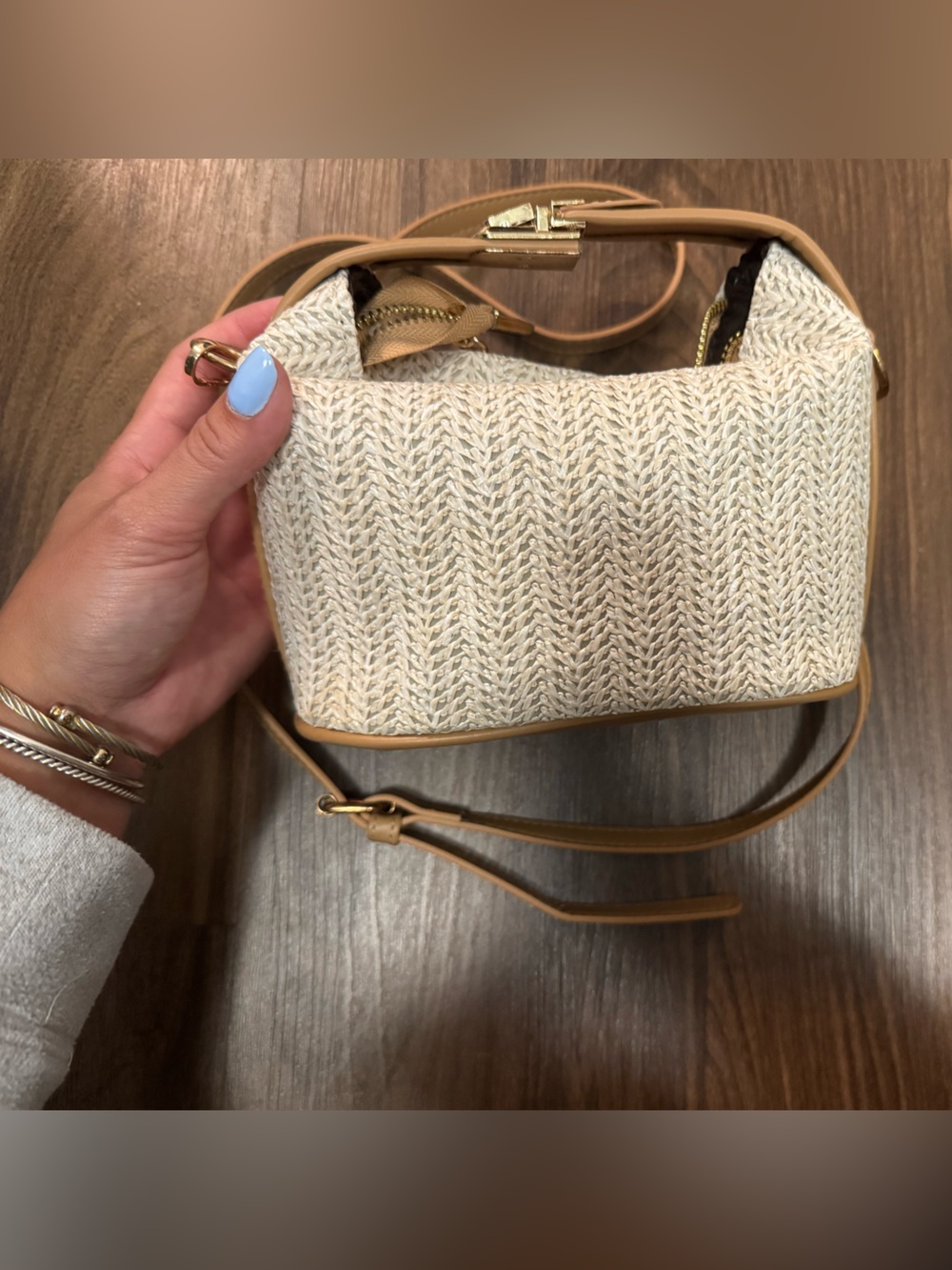 Woven Crossbody Bag in Cream with Tan Trim